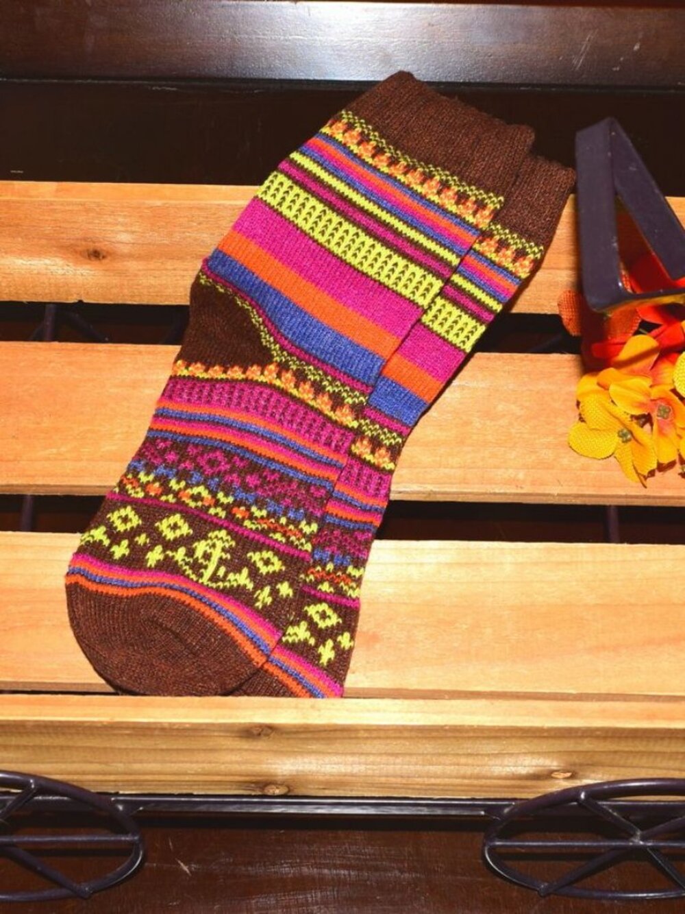 Zoanne Anchor Womens Fair Isle Pattern Socks in Brown Gift Packaged